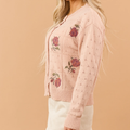 Peach Cross Stitch Floral Pointelle Knit Cardigan