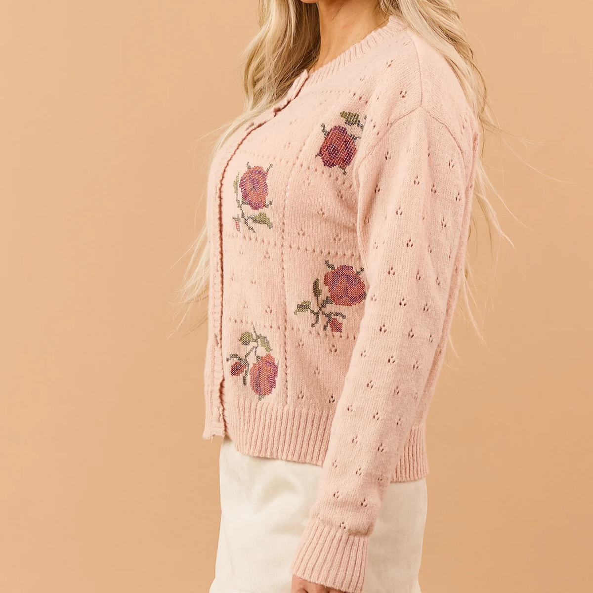 Peach Cross Stitch Floral Pointelle Knit Cardigan
